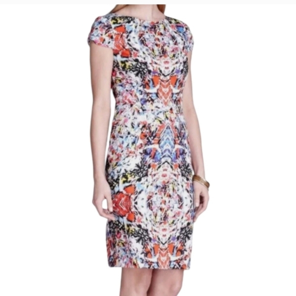Tahari Dress Womens 14 Multicolor Geometric Print Cap Sleeve Crew Neck Sheath - Picture 2 of 9